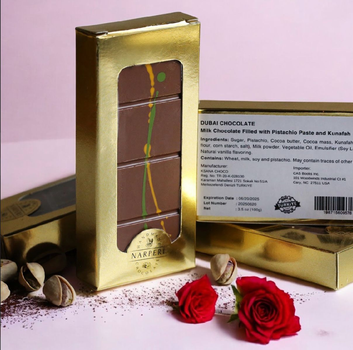 Narperi Dubai Chocolate Bar 3.5 oz Handmade with Premium Pistachio Cream, Finest Belgian Milk Chocolate and Crispy Kunafah