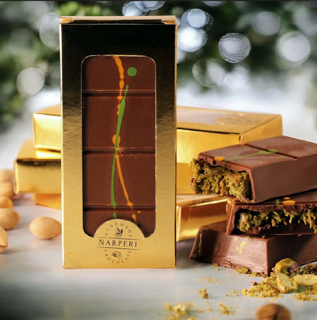 Narperi Dubai Chocolate Bar 3.5 oz Handmade with Premium Pistachio Cream, Finest Belgian Milk Chocolate and Crispy Kunafah