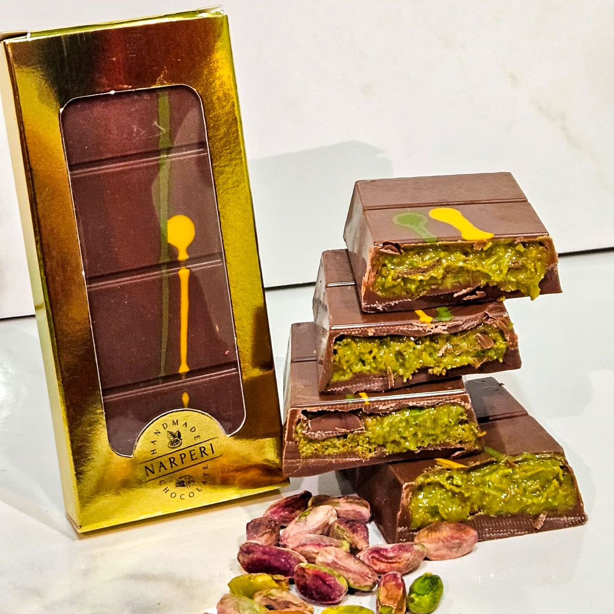 Narperi Dubai Chocolate Bar 3.5 oz Handmade with Premium Pistachio Cream, Finest Belgian Milk Chocolate and Crispy Kunafah - Valentine’s Day Gift